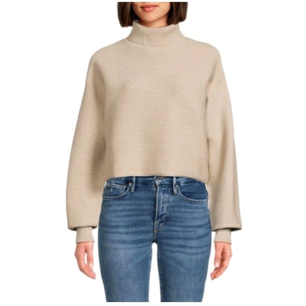 Good American Womens Sz 2 M Wide Rib Crop Oversize Turtleneck Sweater Oatmeal